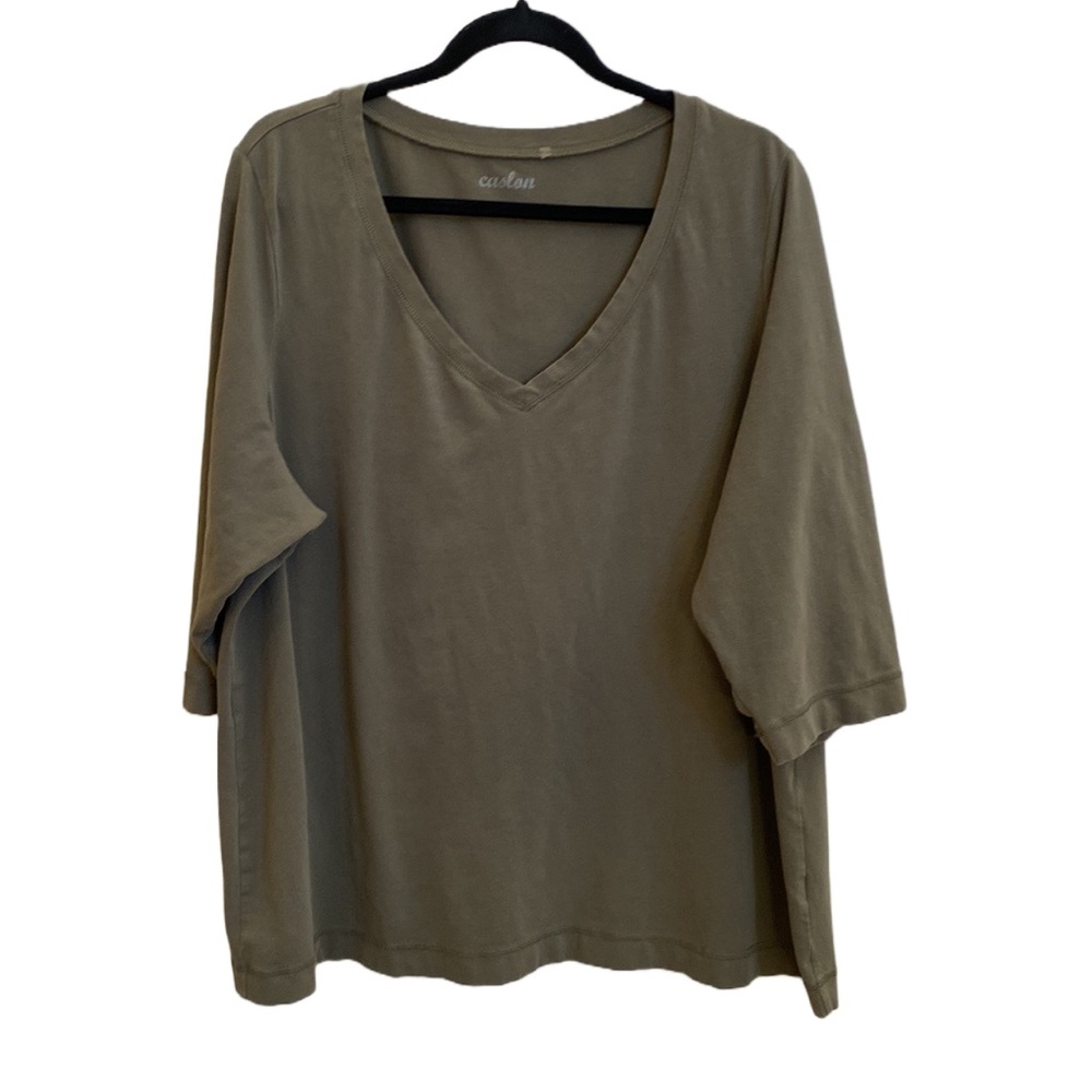 🫒 Caslon 3/4 Sleeve Stretch Cotton V-Neck, Long Tee, Olive Green, Plus-Size 2X